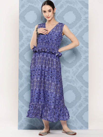 InWeave Women's Blue Floral Paisley Print Long Frill Dress