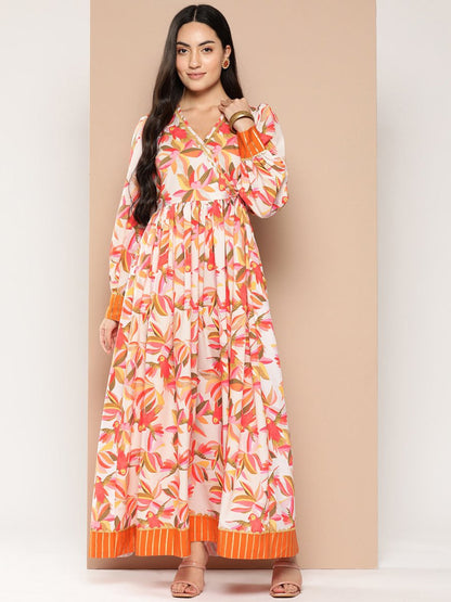 Ahalyaa Floral Printed Tie-Ups Crepe Empire Ethnic Dress
