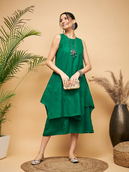 InWeave Women's Forest Green Short Kurta Palazzo Set