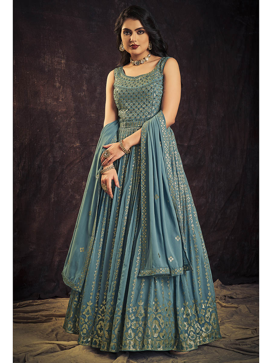 Myra Blue Real Georgette Designer Gown Style Suit