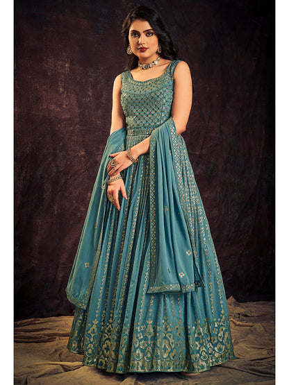 Myra Blue Real Georgette Designer Gown Style Suit