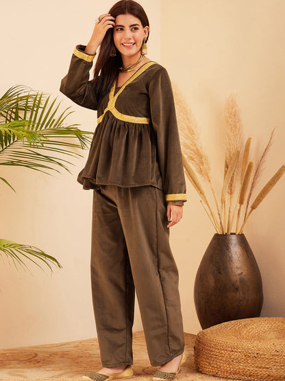 InWeave Women's Brown Mughal Shaan Style Velvet Short Kurta Set