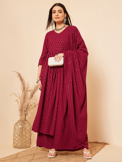InWeave Women's Maroon Chikankari Long Anarkali Kurta Palazzo Set W Dupatta