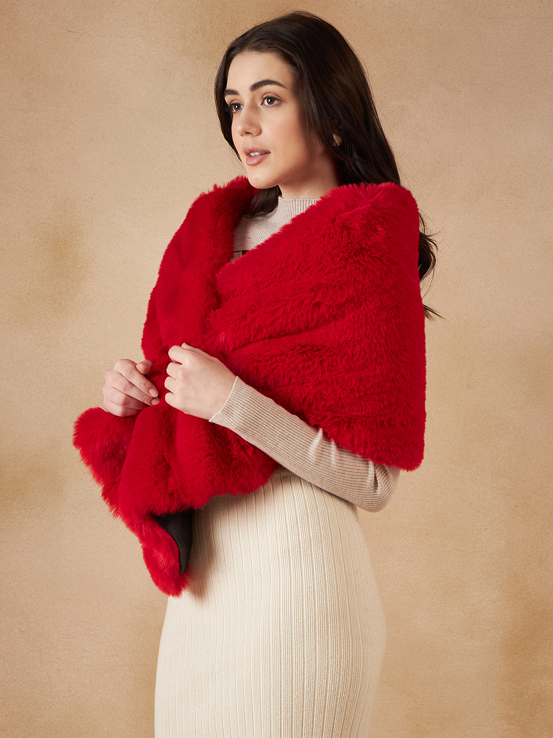 InWeave Women's Cherry Red Long Faux Fur Cape