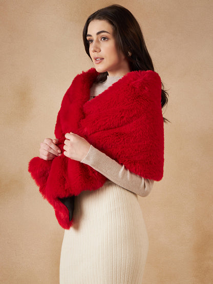 InWeave Women's Cherry Red Long Faux Fur Cape