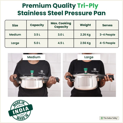 The Indus Valley Tri-ply Stainless Steel Pressure Pan, Premium Quality, 3 Layer Thick Body, Heavy Bottom, 100% Food-safe, ISI Certified, Induction & Gas, 3.5/5L