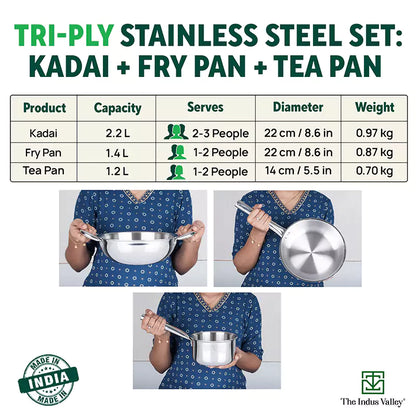 The Indus Valley TurboCuk Tri-ply Stainless Steel Cookware Set: 2.2L Kadai+ 1.4L Frypan+  1.2L Tea/Milk pan, Premium Quality, 3 Layer Thick Body, 100% Toxin-free, Non-stick, Induction & Gas