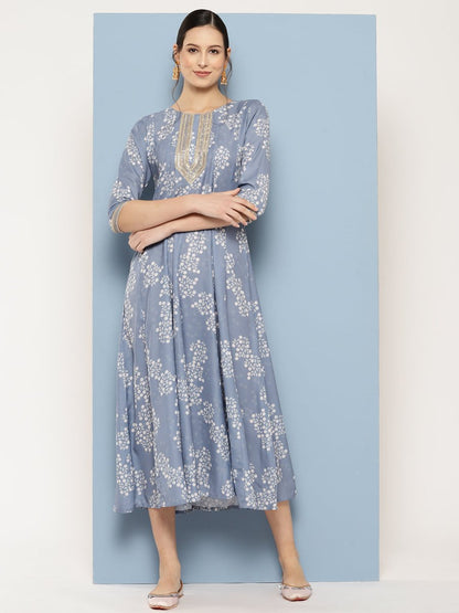 Ahalyaa Floral Printed Midi A-Line Ethnic Dress