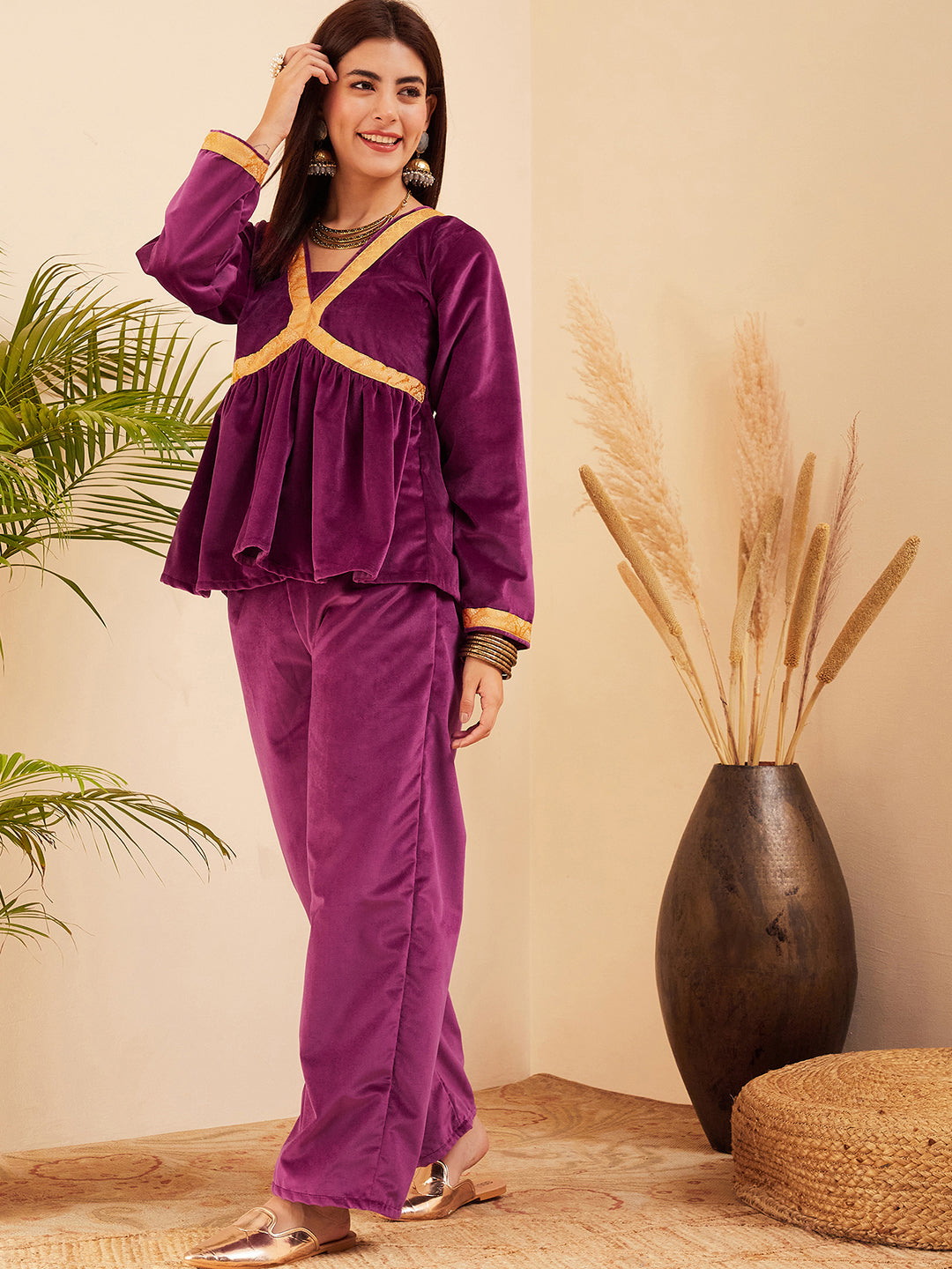 InWeave Women's Wine Mughal Shaan Style Velvet Short Kurta Set