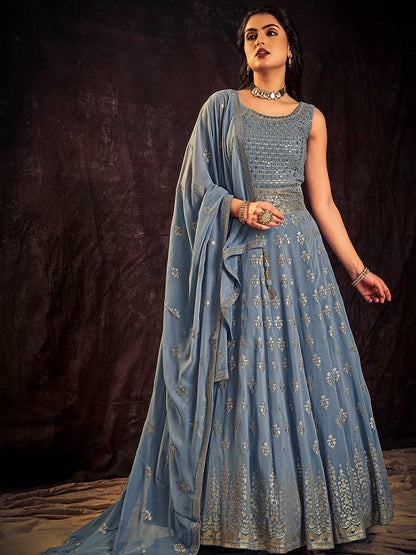 Myra Blue Real Georgette Designer Gown Style Suit