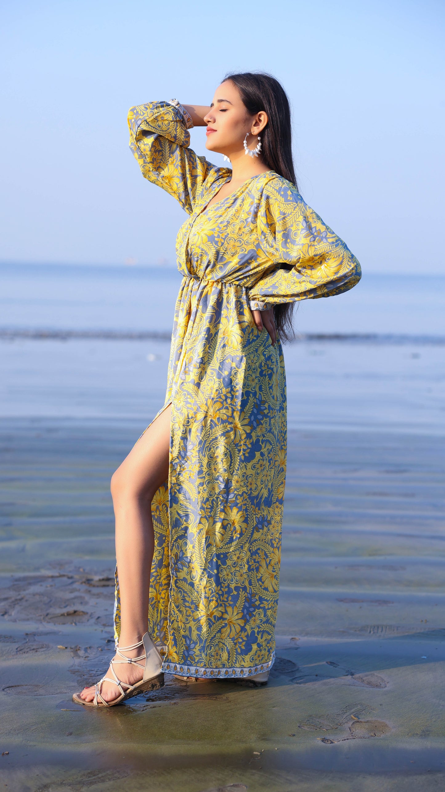 Noroke Vintage Crepe Yellow Vintage Printed Long Dress