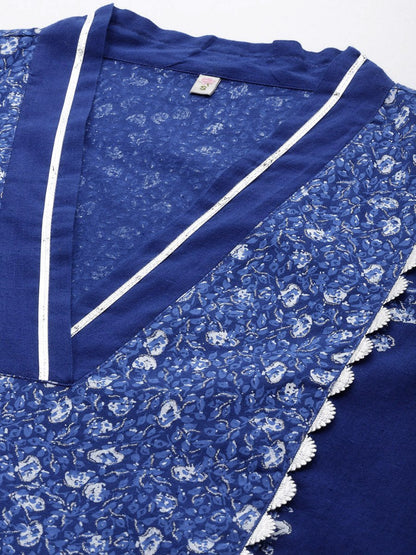 Ahalyaa Floral Print Midi Pure Cotton Ethnic Dress with Lace Inserts Detail