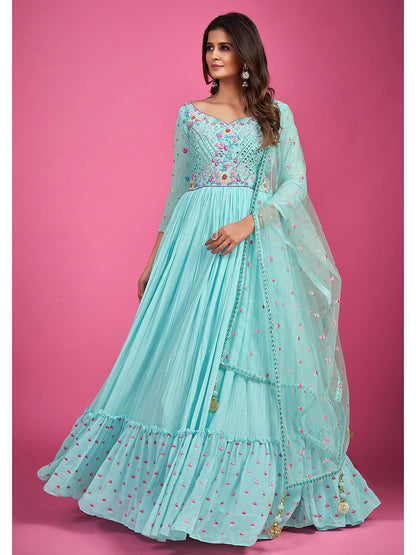 Myra Blue Chinon Silk Embroidered Gown