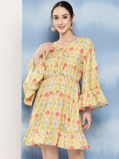 InWeave Women's Yellow Orange Ikkat Print Short Dress