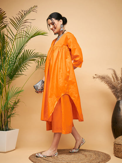 InWeave Women's Orange Flared Kurta Palazzo Set