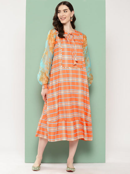 Ahalyaa Checked Tie-Up Neck Sequined Ethnic A-Line Midi Dress