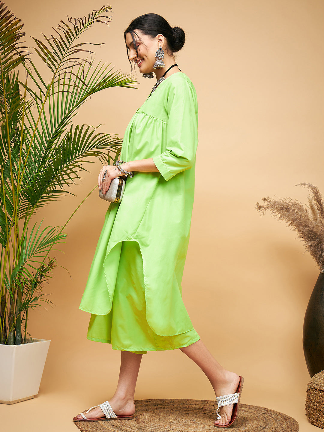 InWeave Women's Lime Green Flared Kurta Palazzo Set