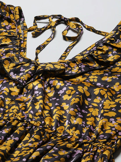 InWeave Women's Mustard Print Ruffled Dress