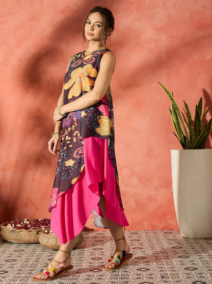 InWeave Black Floral Fuchsia Asymmetrical Dress