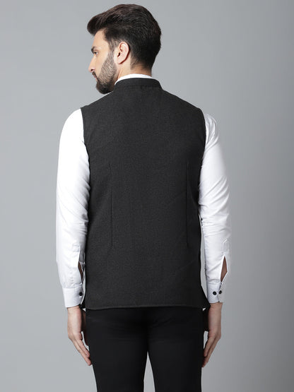 Even Apparels Men's Black Pure Wool Nehru Jacket