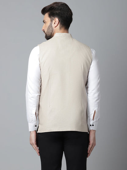Even Apparels Men's Cream Nehru Jacket With Welt Pockets