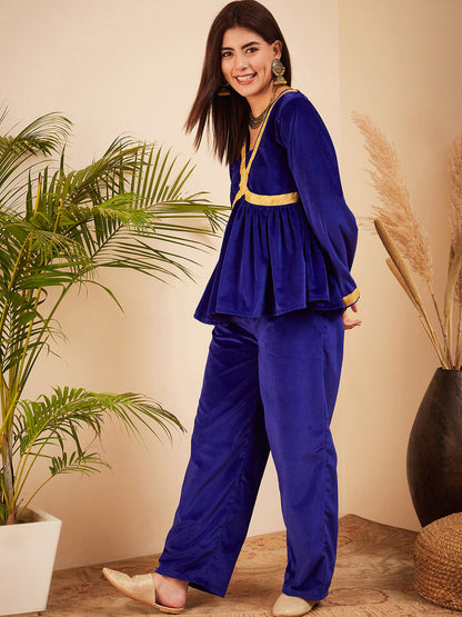 InWeave Women's Royal Blue Mughal Shaan Style Velvet Short Kurta Set
