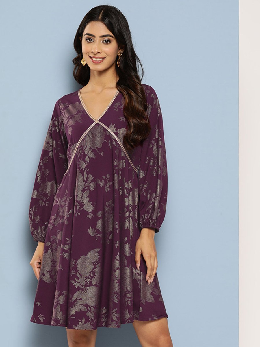 Ahalyaa Floral Print Puff Sleeves Empire Crepe Ethnic Dress