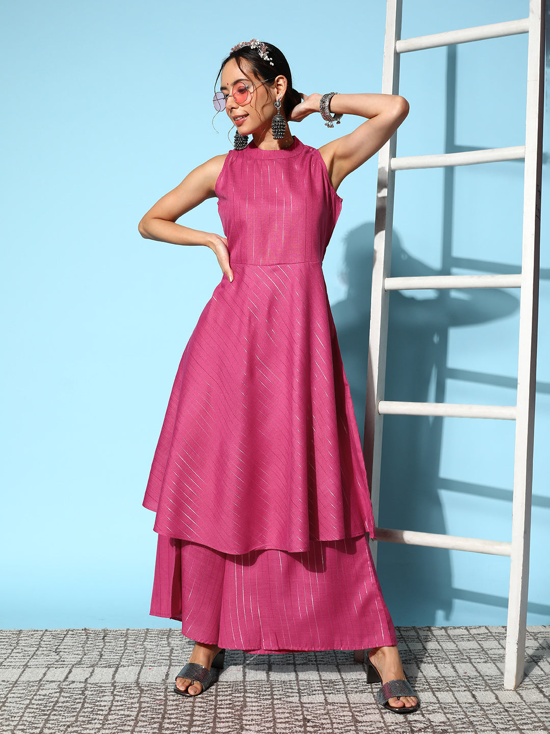 InWeave Women's Pink Lurex Boho Sleevless Kurta Set