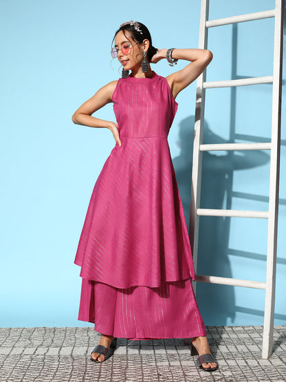 InWeave Women's Pink Lurex Boho Sleevless Kurta Set