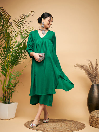 InWeave Women's Forest Green Flared Kurta Palazzo Set