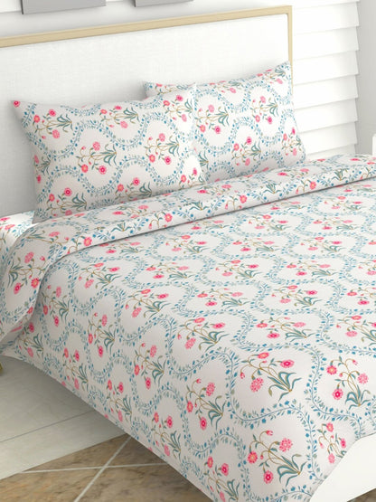 haus & kinder Blossoms Pink & White 186 TC Cotton Queen Bedsheet With 2 Pillow Covers