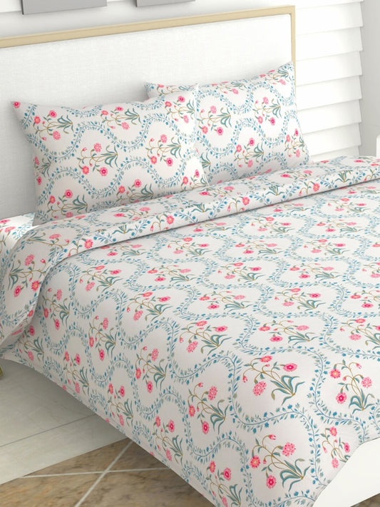 haus & kinder Blossoms Pink & White 186 TC Cotton Queen Bedsheet With 2 Pillow Covers