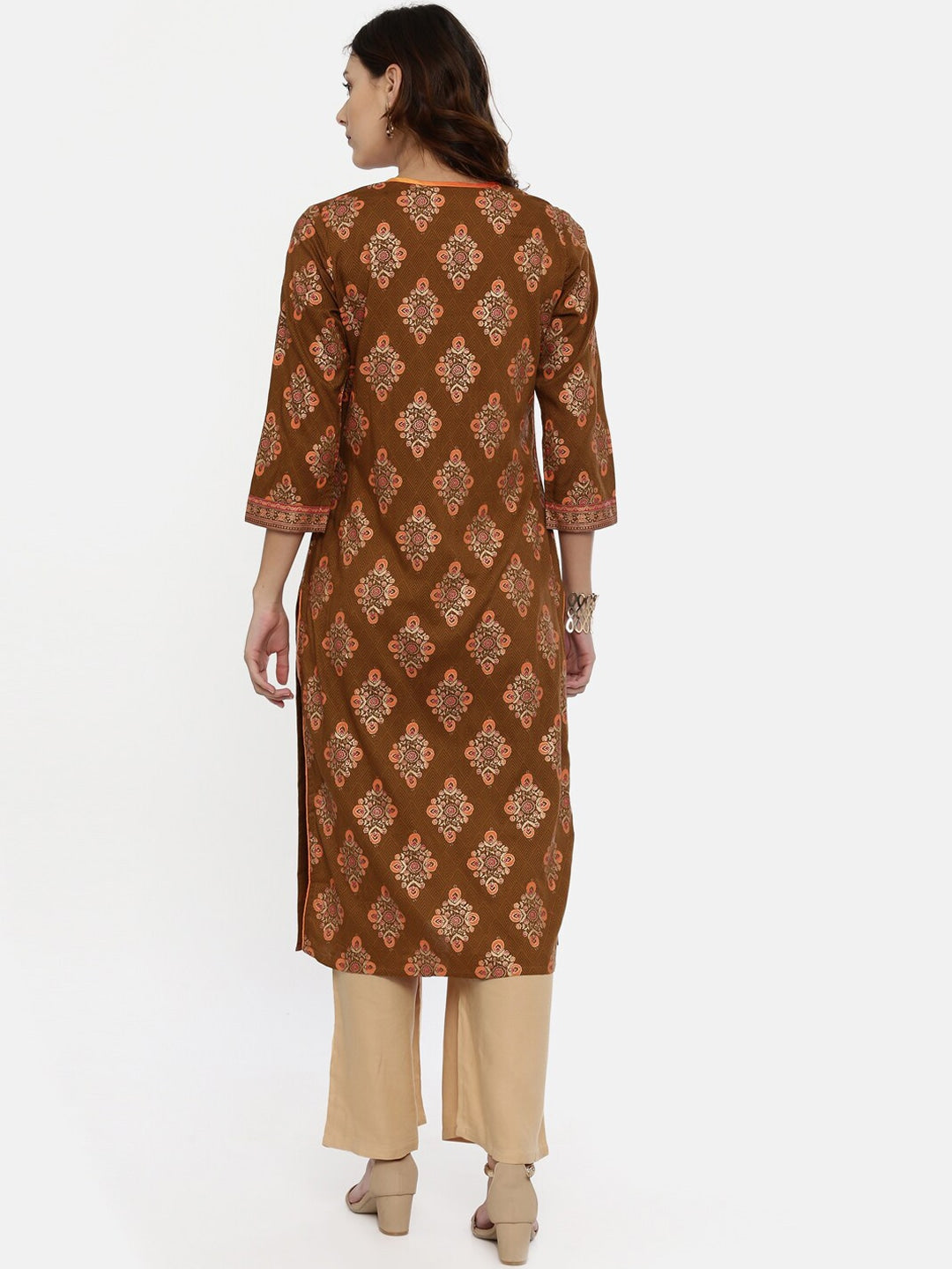 Souchii Brown & Mustard Printed Straight Kurta