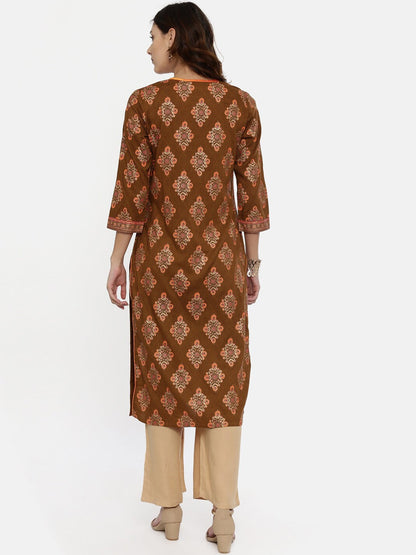 Souchii Brown & Mustard Printed Straight Kurta