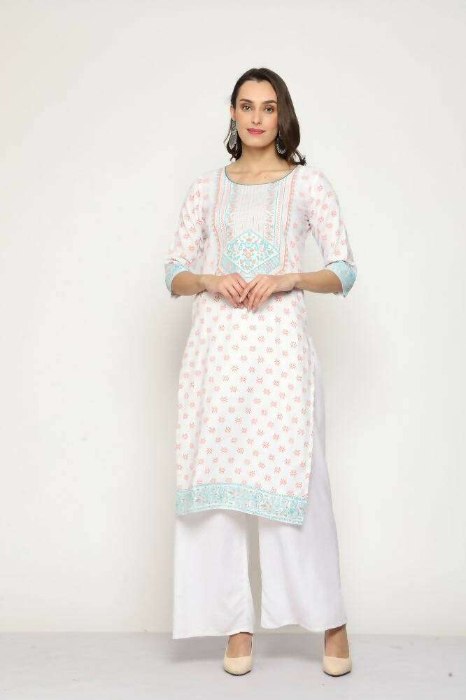 Maai Rayon Hand Printed Kurta Off-White