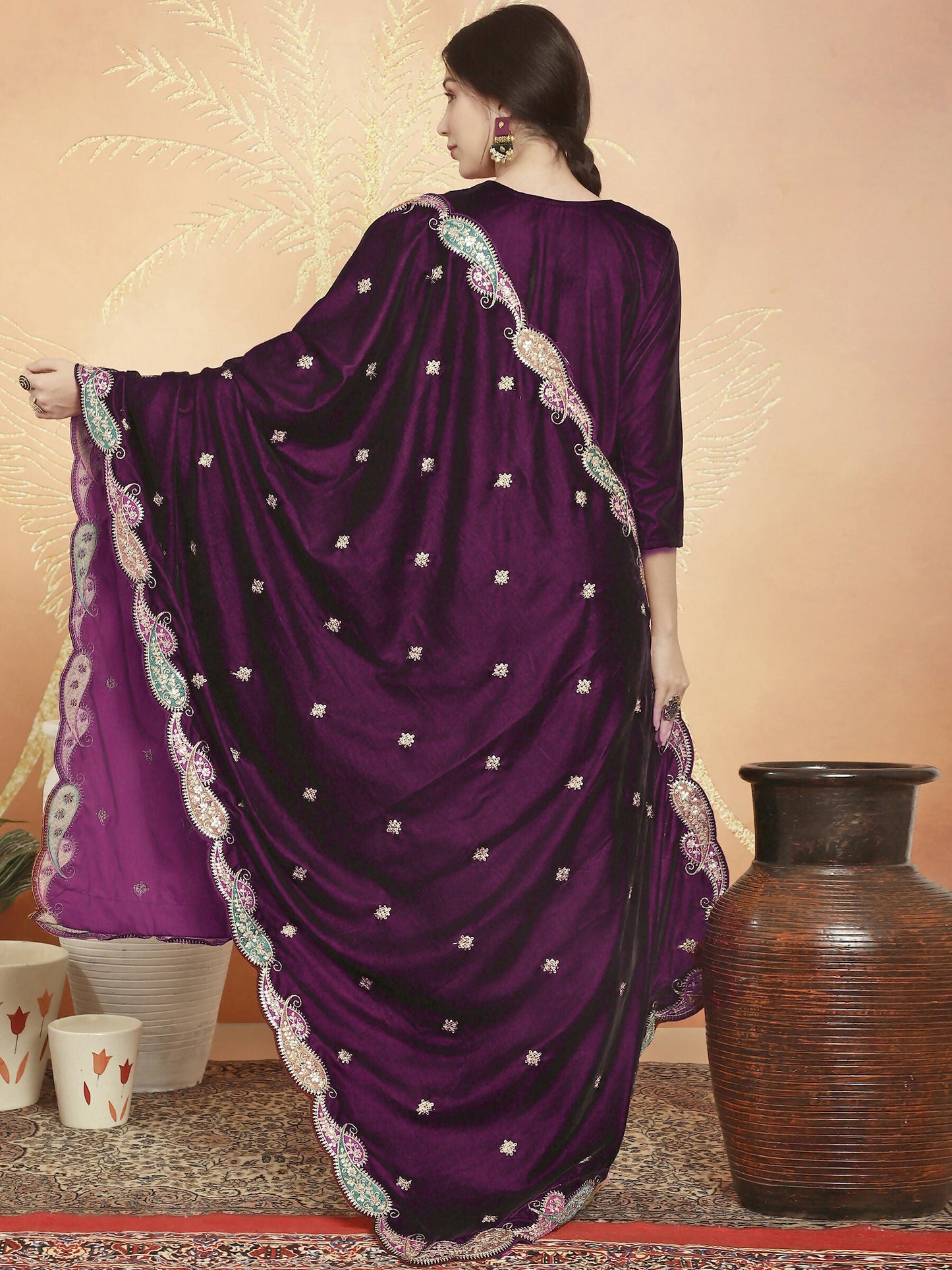 Jyoti Fashion Women's Wine Velvet Cording with Resham Thread & Sequin Kurta with Trouser & Dupatta