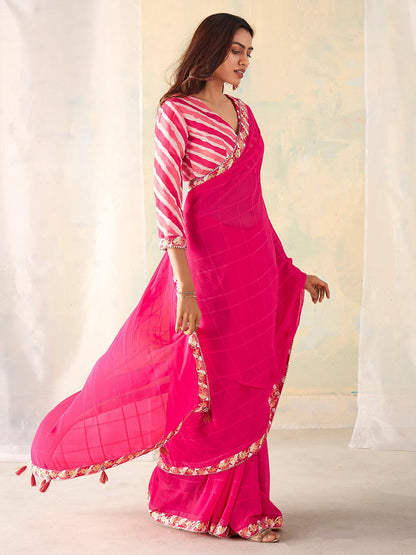 Saree Mall Checked Gotta Patti Pure Georgette Sarees