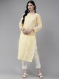 ADA Women Cream-Coloured & White Ethnic Motifs Embroidered Chikankari Cotton Kurta