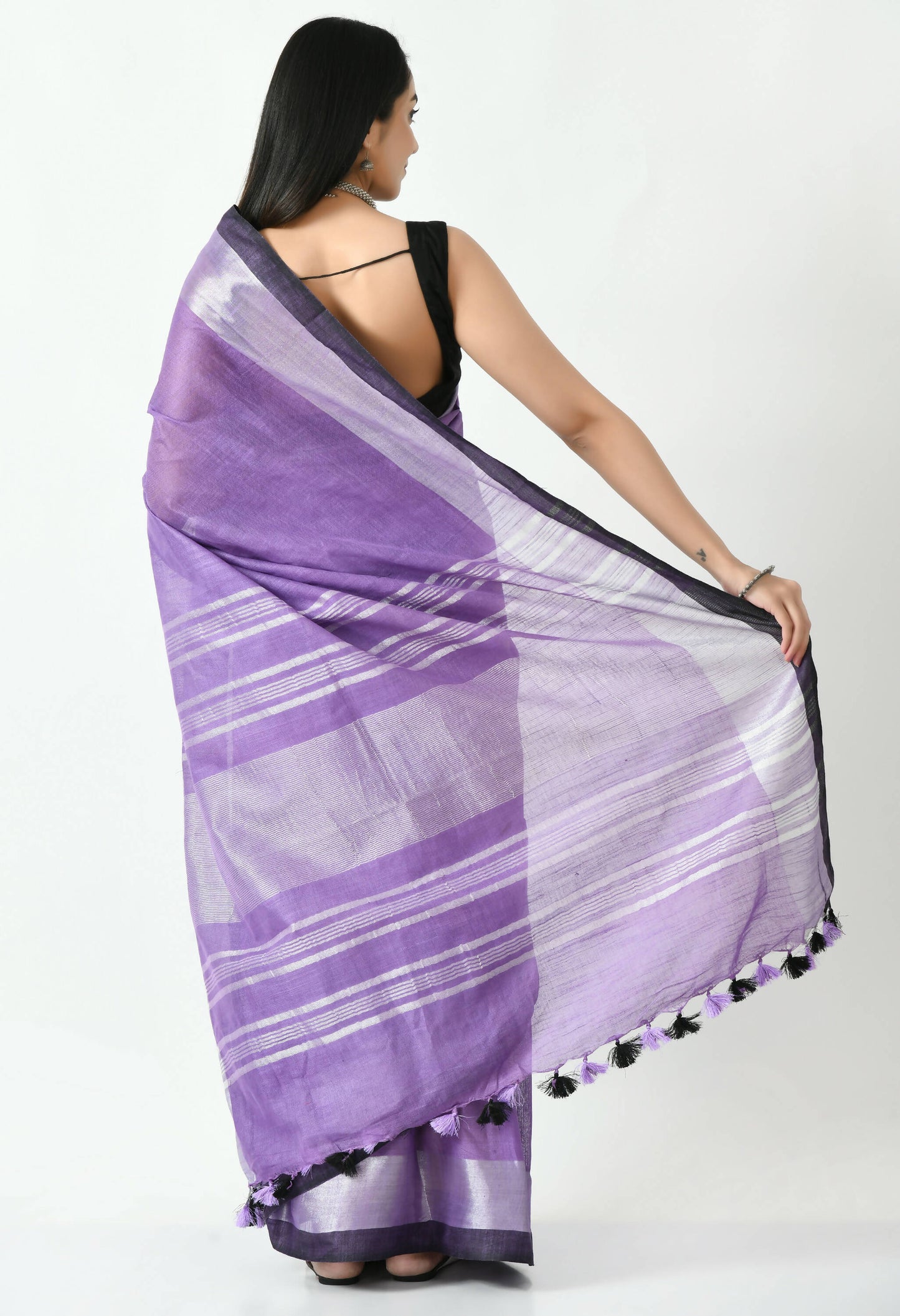 Mominos Fashion Moeza Purple & Black Bhagalpuri Handloom Silk Linen Saree with unstitched Blouse piece