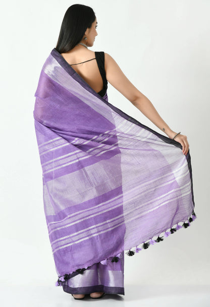 Mominos Fashion Moeza Purple & Black Bhagalpuri Handloom Silk Linen Saree with unstitched Blouse piece