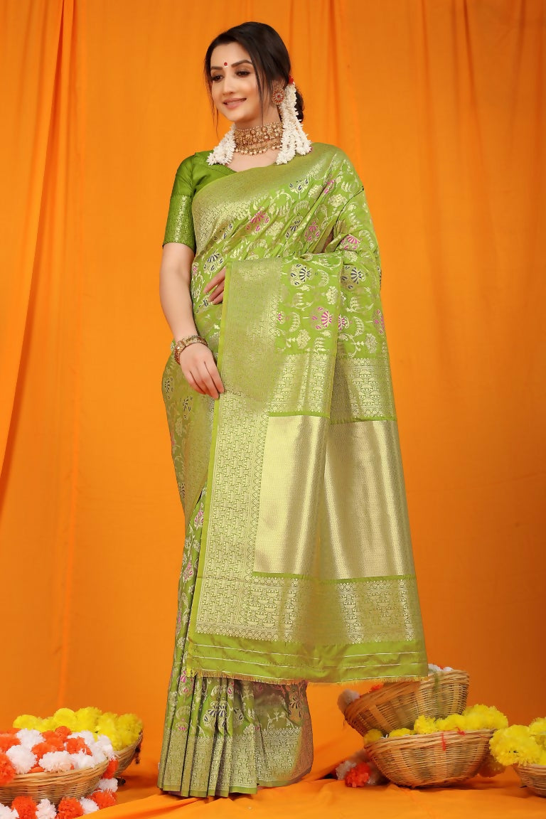 Jyoti Fashion Women's Green Kanjivaram Silk Zari Woven Saree with Blouse