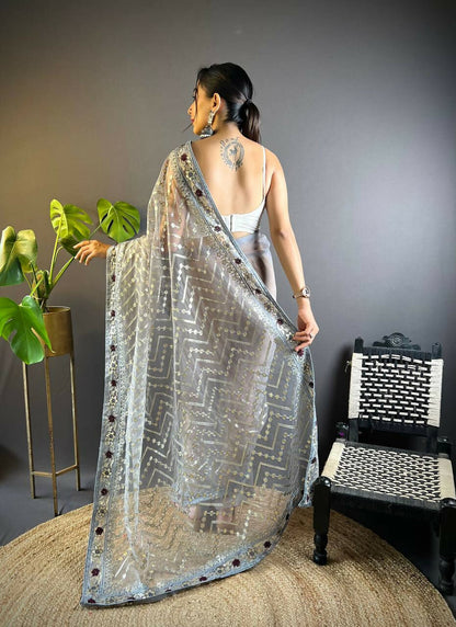 Vastranavya Butterfly Net Designer Chain Stitch Embroidery Work with Foil Thread & Stone Work Saree with Blouse Material - Grey