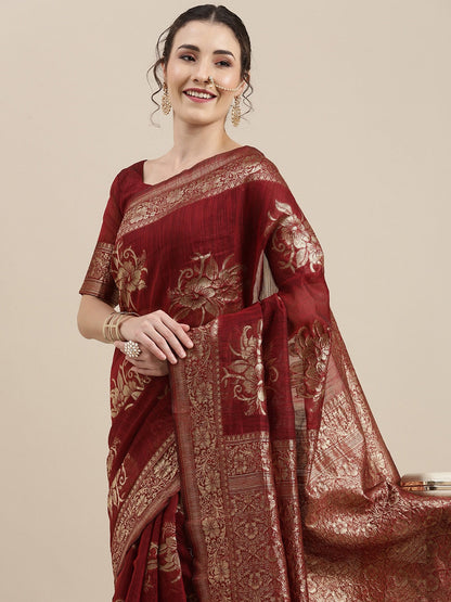 Saree Mall Maroon Floral Linen Blend Banarasi Saree