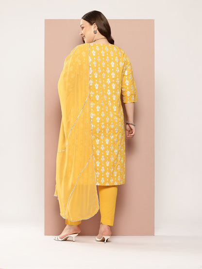 Sztori Plus-Size Gotta Patti Ethnic Motif Print Pure Cotton Kurta with Trousers & Dupatta