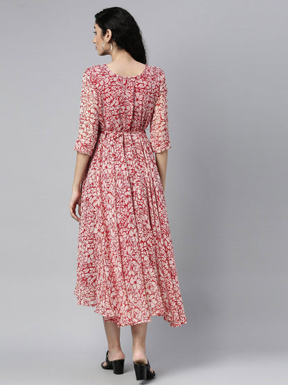 Souchii White & Red Floral Layered Chiffon Beautiful Midi Dress