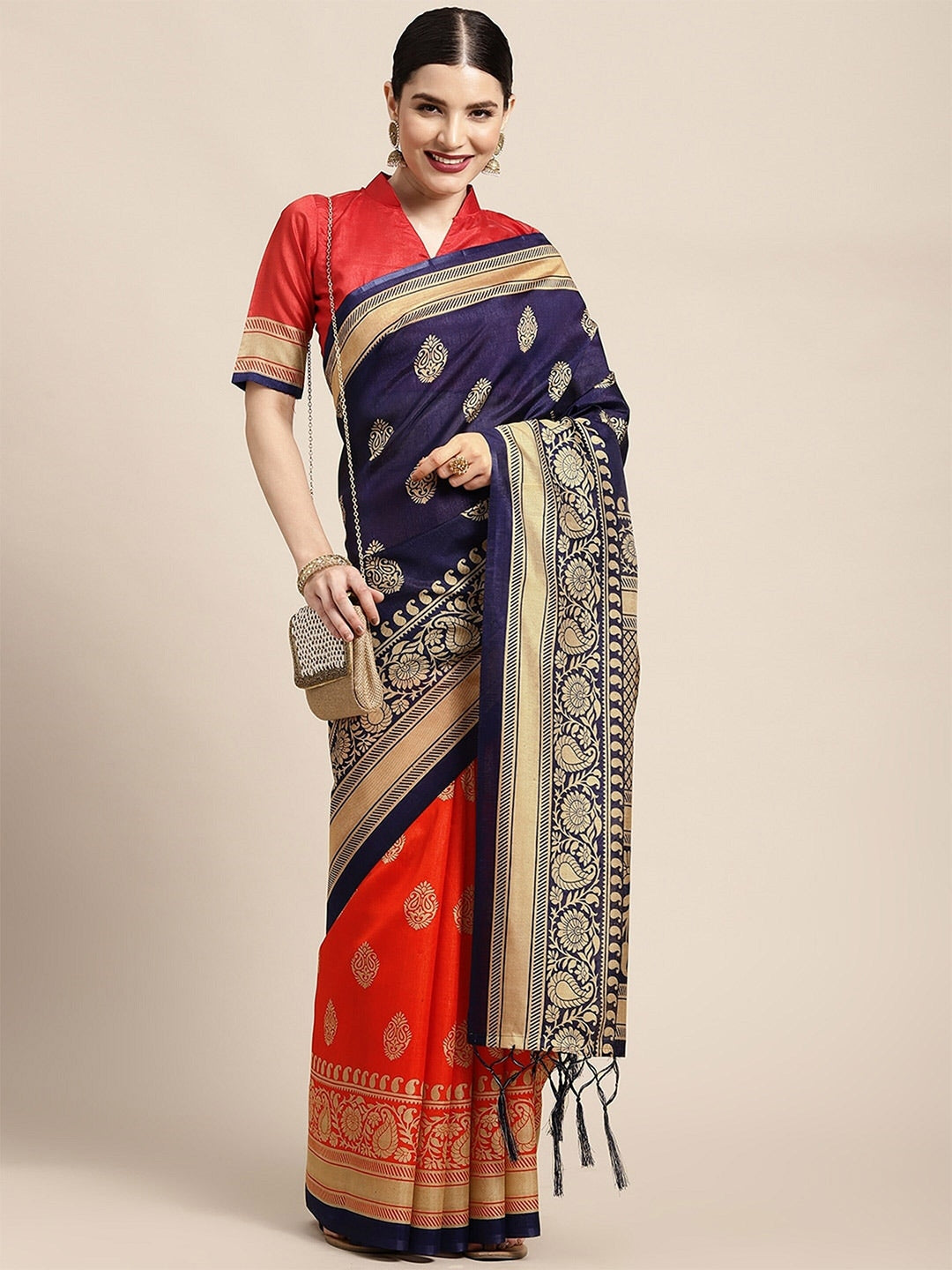 Saree Mall Ethnic Motifs Printed Half & Half Art Silk Sarees