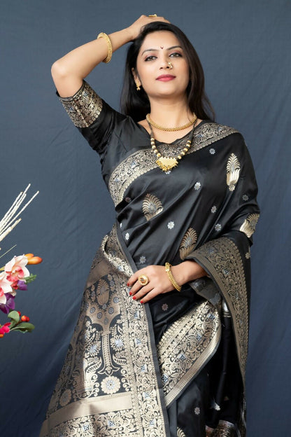 Jyoti Fashion Women's Black Paithani Silk Zari Woven Saree with Blouse