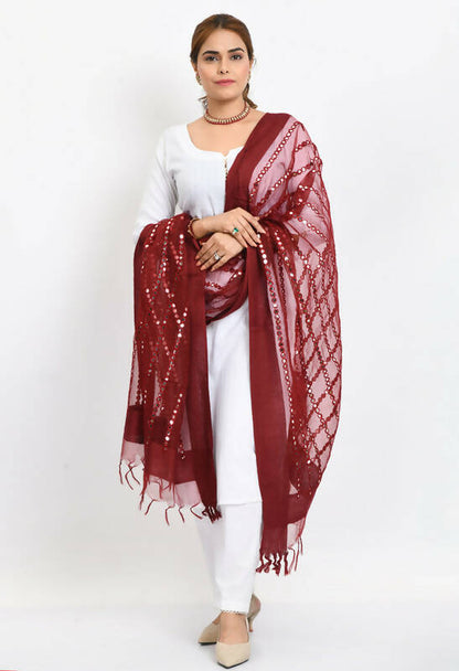 Mominos Fashion Moeza Women's Orgenza Mirror Stripe Thread Work Maroon Dupatta