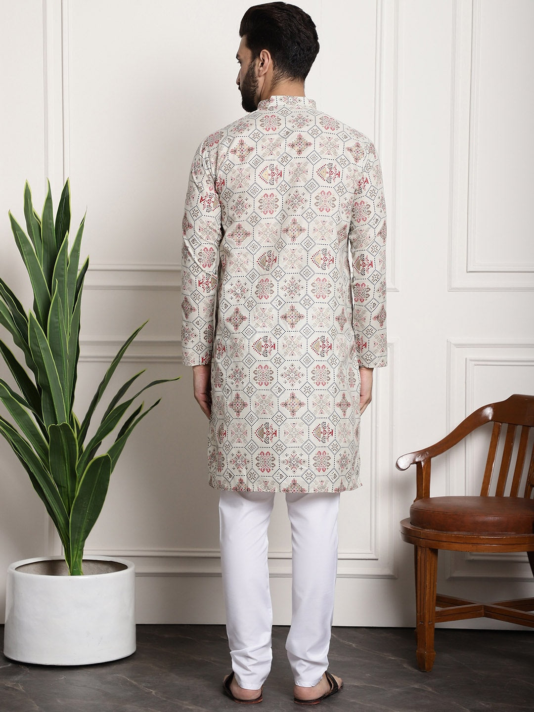 Sojanya Men Beige Printed Cotton Linen Kurta with Churidar