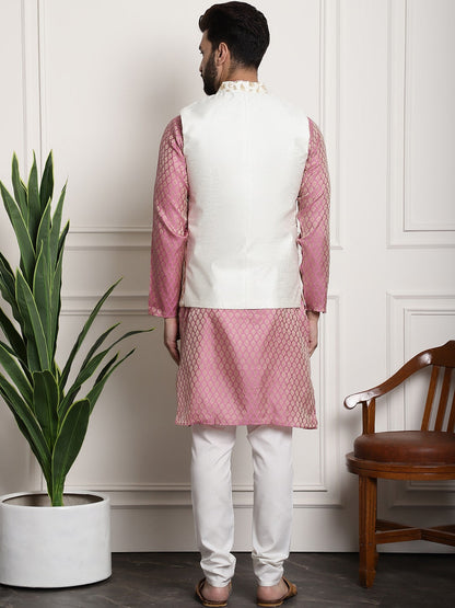 Sojanya Woven Design Mandarin Collar Kurta with Churidar & Nehru Jacket